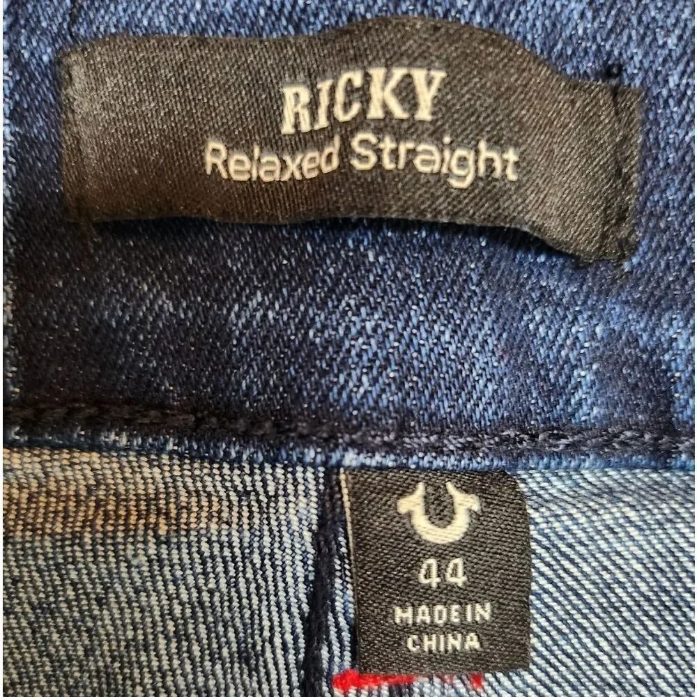 True Religion Ricky Relaxed Straight Jeans Dark Indigo Blaster Size 44